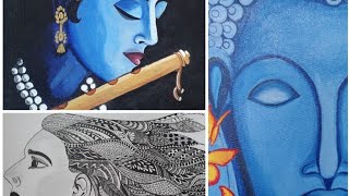 My Mom's Paintings  Grand Buddha acrylic painting  Shri Krishna acrylic painting  Pen painting