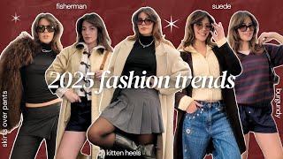 styling 2025 fashion trends | fisherman-core, skirts over pants, burgundy, suede and kitten heels