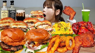 Sub)Real Mukbang- Beef Shrimp Burger 🍔 Chicken, Cheese French Fries 🍗 Jack Coke 🥤ASMR