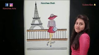 Paris / Eiffel Tower / Girl with hidden face / Pencil colour sketch / Oil Pastels / Beginners
