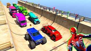 SPIDERMAN CARS Mega Ramp JUMP Challenge ! SUPERHERO HULK IronMan Trevor and Friends Stunt - GTA V