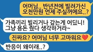 오천빌려달라고 해서 빌려줬더니, 가족끼린 돈 갚는거 아니라며 돈 안갚는 정신나간 시모, '어머니 돈 안갚아 주셔서 정말 감사합니다!' 시모 논리로 시모 눈물 콧물쏙 빼놨습니