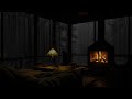 relaxing atmosphere in cabin with fireplace and rain in the forest sounds perfect for a good sleep