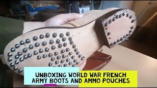 Unboxing of French Army World War Boots with Ammo Pouches