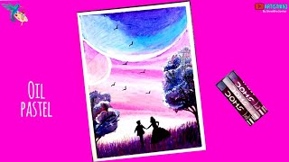 Romantic Couple Scenery Drawing with Oil Pastels for Beginners - Step by Step