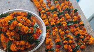 Flower Mala 🌼🌸 //Merigold // Mango Leaves  //How to make flower garland 💐🌹#fulokimala 🌻 #flowers