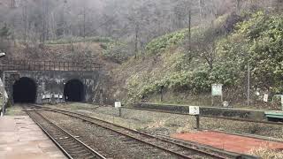 秘境駅小幌駅を通過する貨物列車