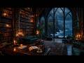 Gothic Seaside Library Reading Room | Warm Candlelight & Rain on the Window | Dark Academia Ambience