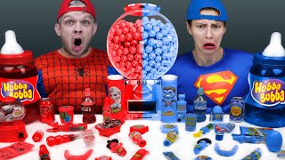 Pinky Food vs Blue RED Food Challenge 블루핑크 푸드 챌린지 주먹밥 교촌 허니콤보 치킨먹방! Mukbang Spiderman \u0026 Captain