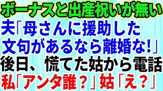 【スカッとする話】私「ボーナスと出産祝いが消えた」夫「母さんに援助した。俺の稼いだ金だし文句ないだろ！」私は離婚届を即提出→後日、慌てた姑から電話。私「アンタ誰？」姑「え？」【修羅場】