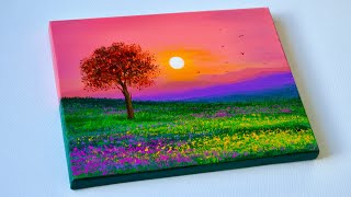 Spring Sunset Scenery painting | Acrylic landscape Painting | Sunset Painting