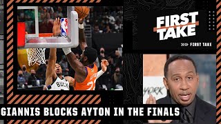 Stephen A. reacts to Giannis’ block on Deandre Ayton’s alley-oop in the Finals | First Take