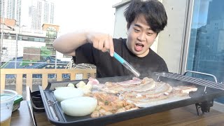 【食テロ】韓国の新居ベランダでサムギョプサルパーティーが最高すぎた！！！【庭BBQ】