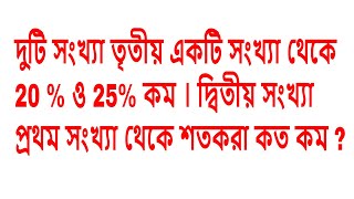 দুটি সংখ্যা তৃতীয় একটি সংখ্যা থেকে 20  ও 25 কম । দ্বিতীয় সংখ্যা প্রথম সংখ্যা থেকে শতকরা কত কম