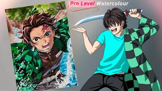 Tanjiro Kamado Full Drawing Tutorial With Watercolours || Demon slayer Tanjiro Drawing.