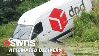 UK delivery driver has a bad day and crashes DPD van into CANAL | SWNS