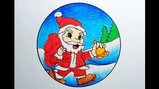 How To Draw Santa Claus Easy Step By Step For Beginners |Drawing Christmas Scenery In A Circle