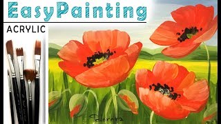 "Poppies" How to paint landscape & flower🎨ACRYLIC full tutorial for beginners