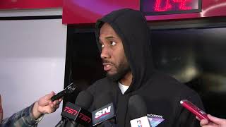 Kawhi Leonard speaks with the media after game against the Spurs