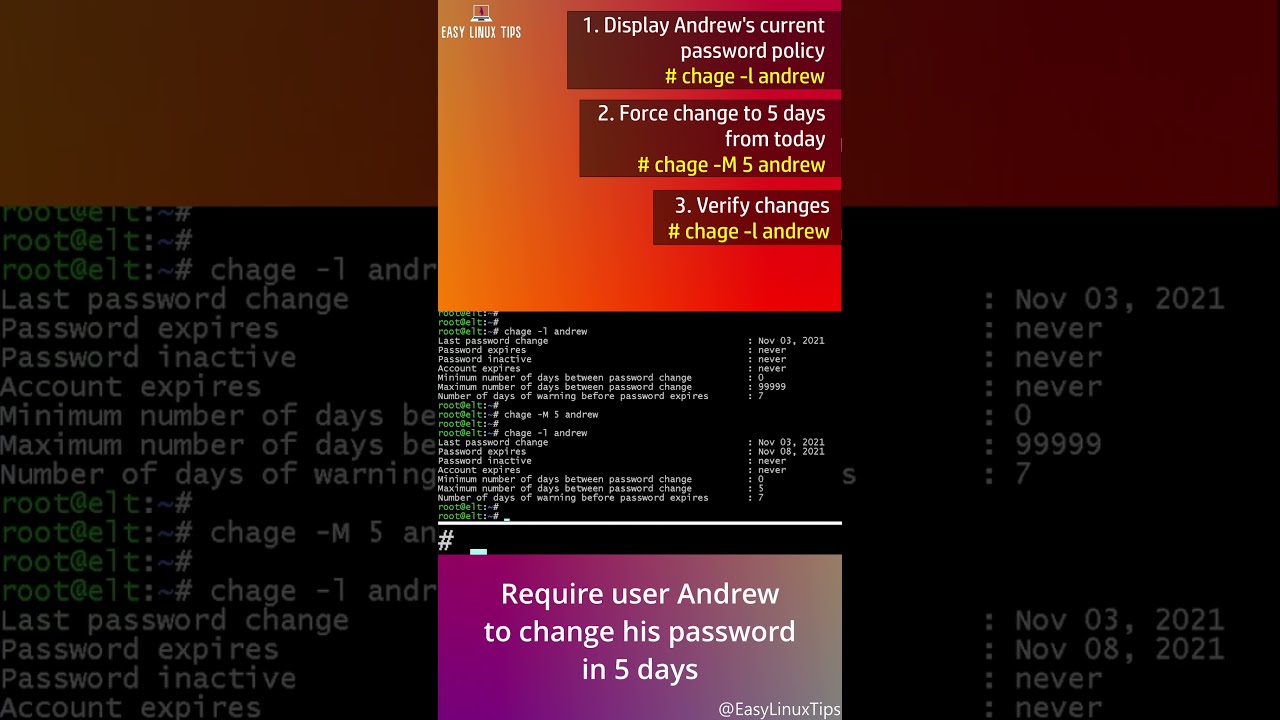 Измените пароль пользователя через 5 дней с сегодняшнего дня [команды Ubuntu/Red Hat/CentOS/Kali Linux]