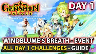 Genshin Impact - How To Complete - All Day 1 Challenges Guide  - Windblume's Breath Event Day 1