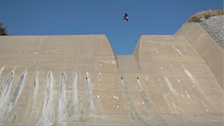 114 Foot Dam jump on a dirtbike. Massive Air