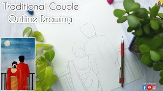 Traditional Bengali Couple Outline Drawing| How to draw Couple Outline| Bengali Couple Outline Art|