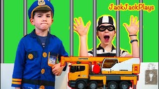Cops & Robbers Costume Skit for Kids! Jail Pretend Play with Construction Toys | JackJackPlays