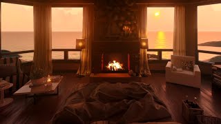 Cozy Beach House Cabin Ambience - 10 Hours Ocean Sound, Sea Waves, Crackling Fireplace Sleep & Relax