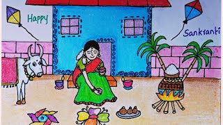 Makar sankranti special scenery drawing with oil pastels