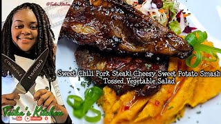 Sweet Chili Pork Steak | Cheesy Sweet Potato Smash | Tossed Vegetable Salad | Teika's Kitchen