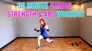 30 Minute REAL-TIME Full Body Cardio, Strength & Abs Workout | Home Workout w/ Dumbbells!