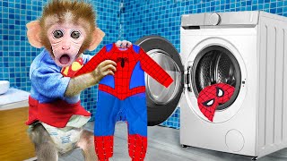 Cute Monkey baby Bi Bon helps dad cleans the house and washes clothes after the storm