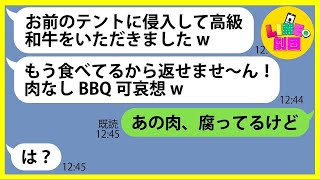 【LINE】キャンプ旅行でBBQ食材や器具を忘れたと嘘をつき私達の高級和牛をパクったママ友「肉なしBBQ可哀想w」→浮かれるDQN女にある事実を伝えた時の反応がw【総集編】