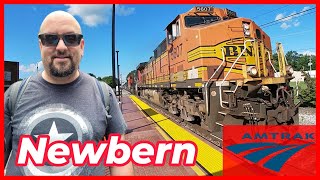 Amtrak Station Tour - Newbern, Tennesseei - Freight Train Flies Past Us at Top Speed!