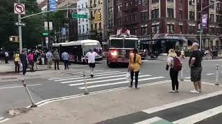 (NEAR COLLISION WITH PEDESTRIAN + LOTS OF HORN USAGE) FDNY Ladder 3 \u0026 Battalion 6 Responding