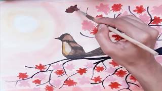 How to draw cherry blossom flowers and bird scenery || Poster Color||