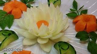 Onion Lotus Carved with Carrot Plumeria & Cucumber Garnish - Making Vegetable Flowers