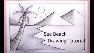 How to draw a scenery of sea beach | Pencil Drawing Tutorial | Step by step (easy draw)