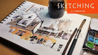 Urban Sketch and Paint Hot Spring Museum Taiwan | Architecture Drawing Process Step by Step