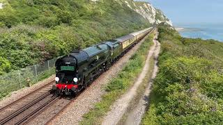 35028 “Clan Line” speeds through Folkestone Warren 18/07/2024