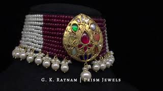 23k Gold and Diamond Polki Navratna Choker Necklace with Rubies and Pearls