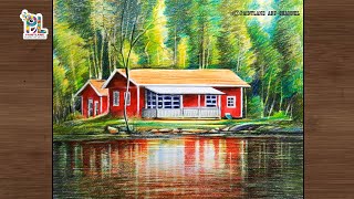 How to coloring colorful houses in a scenery art for beginners || Step by step pencil art