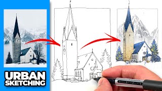 URBAN SKETCHING loose ink & watercolor tutorial | Easy Step by Step Process