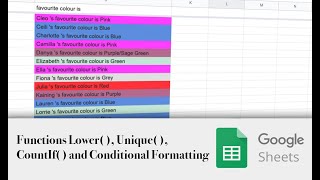 Google Sheets - Functions Lower( ) Unique( ) and CountIf( ) and conditional formatting