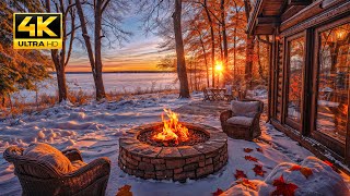 Cozy Winter Morning Lakeside 4K: Soothing Snowfall, Crackling Fire Pit and Peaceful Nature Sounds