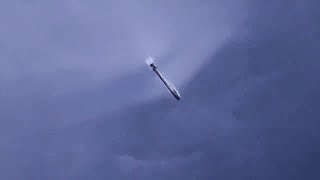 Tracking footage of Falcon 9 first stage returning to Earth after launching Ax-2 mission to orbit