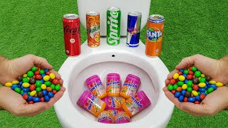 M&M Candy Ball VS Coca Cola Zero, Fanta, Sprite, Red Bull, Yedigün and Fruity Mentos in the toilet