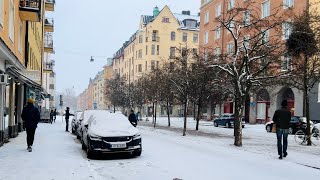 First Snow in Stockholm! Walking icy streets from Dannemoragatan to Vanadisvägen.