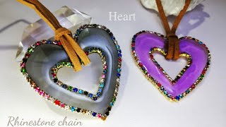 【UVレジン】セリアのラインストーンチェーンでクリアハートのペンダント💜❤resin accessory with rhinestone chain